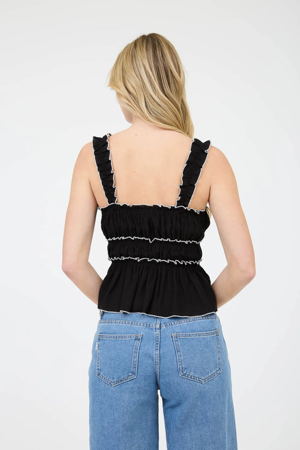 Jessie Contrast Trim Ruched Bow Detail Tank Top in Black