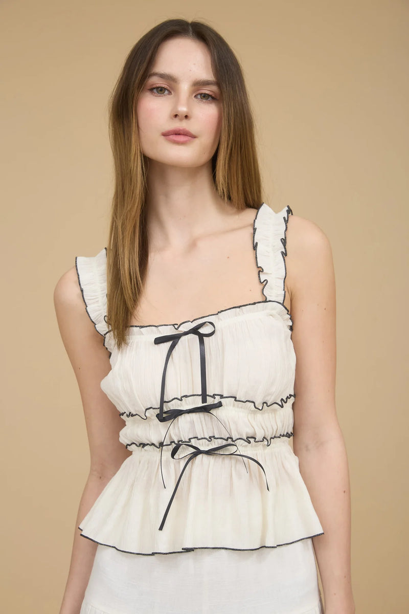 Jessie Contrast Trim Ruched Bow Detail Tank Top in White