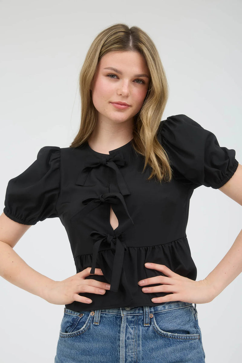 Audrey Bow Front Tie Puff Sleeve Top in Black