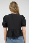 Audrey Bow Front Tie Puff Sleeve Top in Black