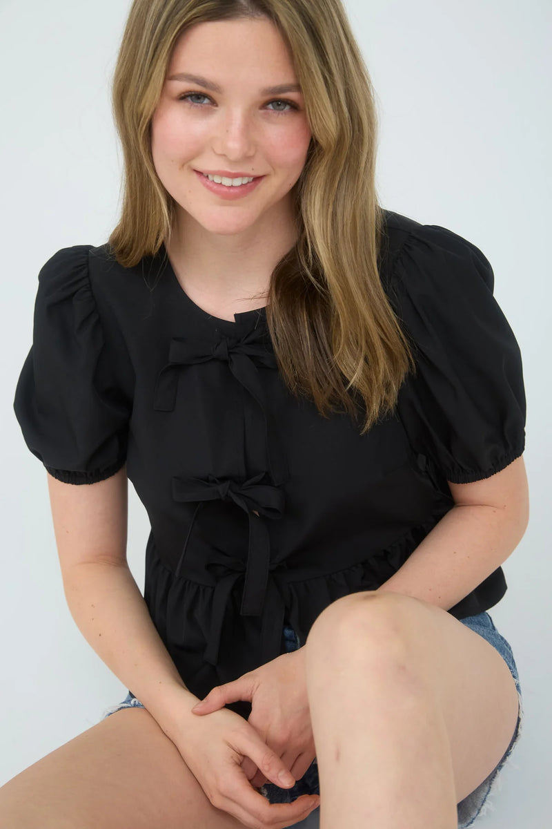Audrey Bow Front Tie Puff Sleeve Top in Black