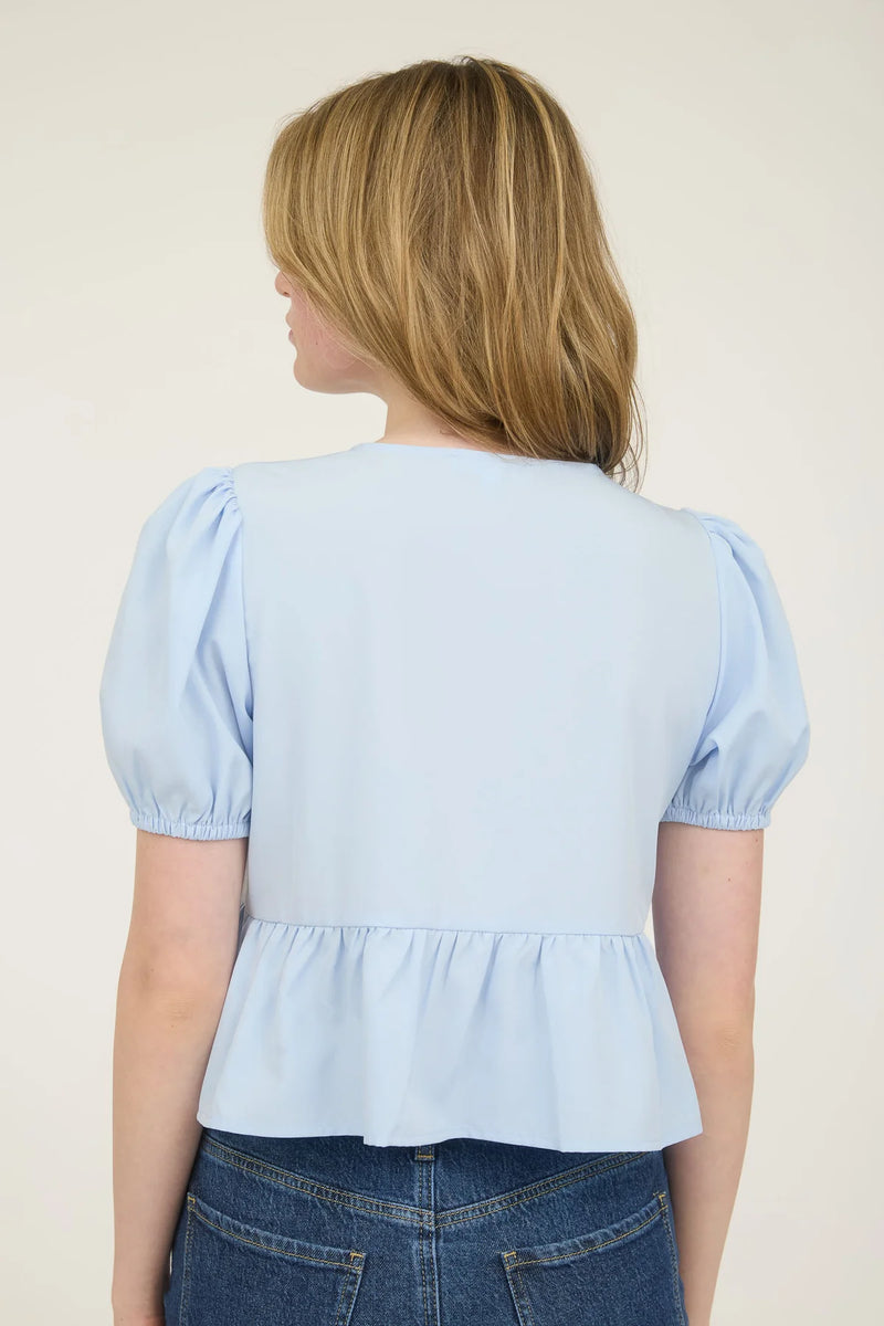 Audrey Bow Front Tie Puff Sleeve Top in Ice Blue