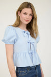 Audrey Bow Front Tie Puff Sleeve Top in Ice Blue