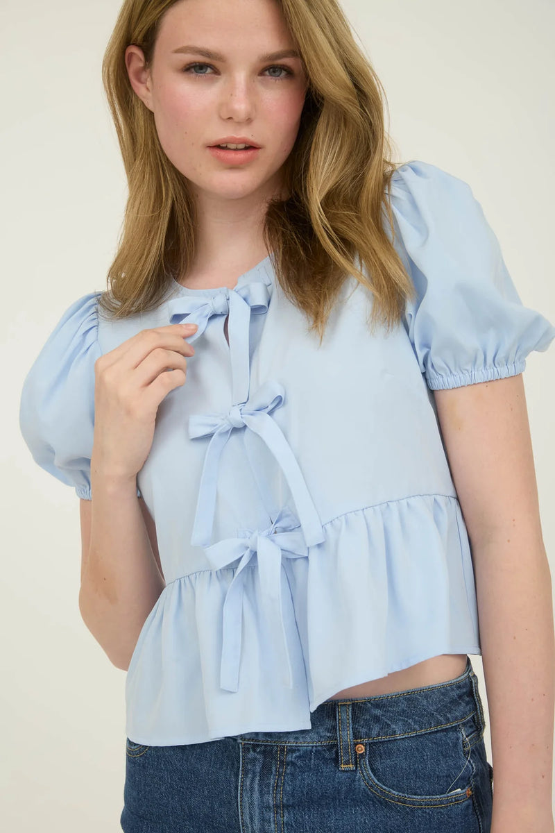 Audrey Bow Front Tie Puff Sleeve Top in Ice Blue
