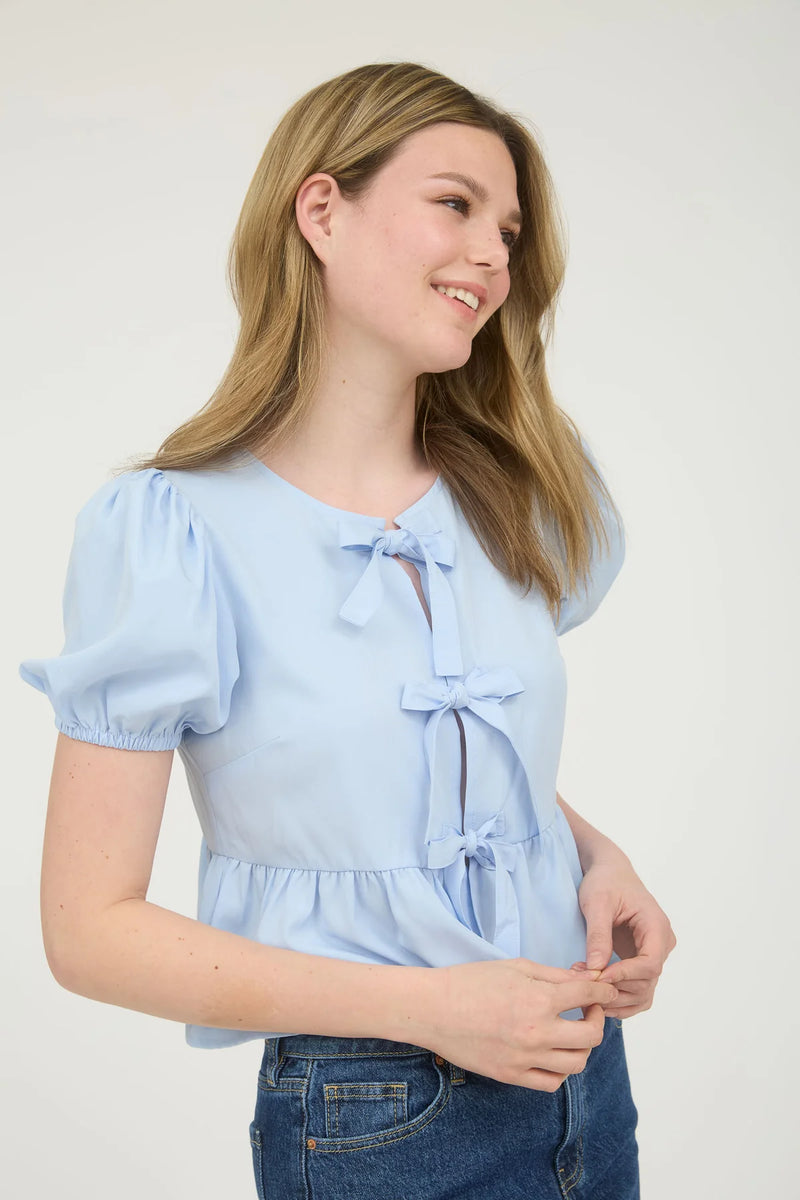 Audrey Bow Front Tie Puff Sleeve Top in Ice Blue