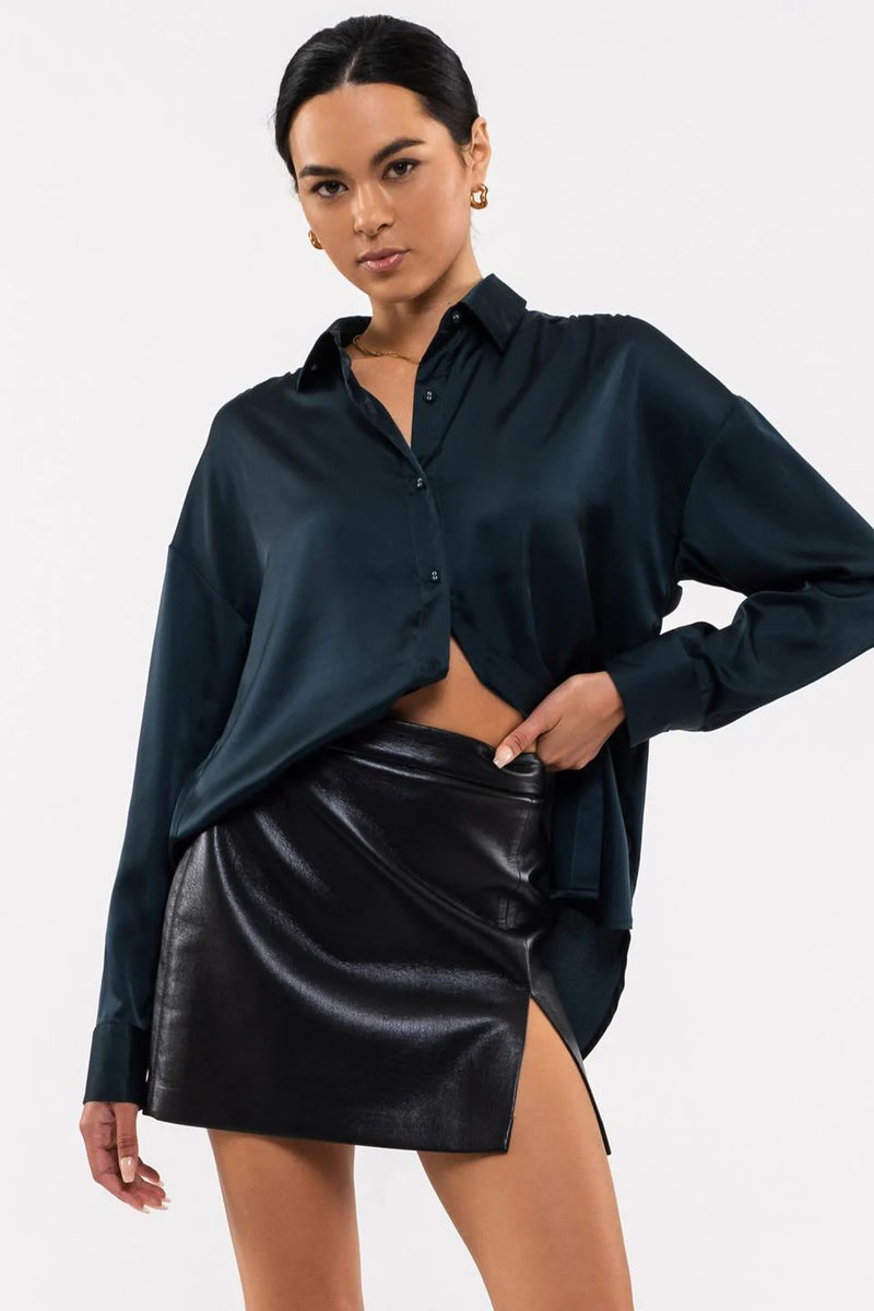 Gabby Satin Button Up Long Sleeve Top in Sizes S-3X in Hunter Green