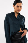 Gabby Satin Button Up Long Sleeve Top in Sizes S-3X in Hunter Green