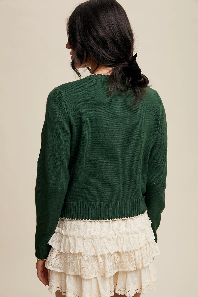Embroidered Floral Knit Cardigan in Green