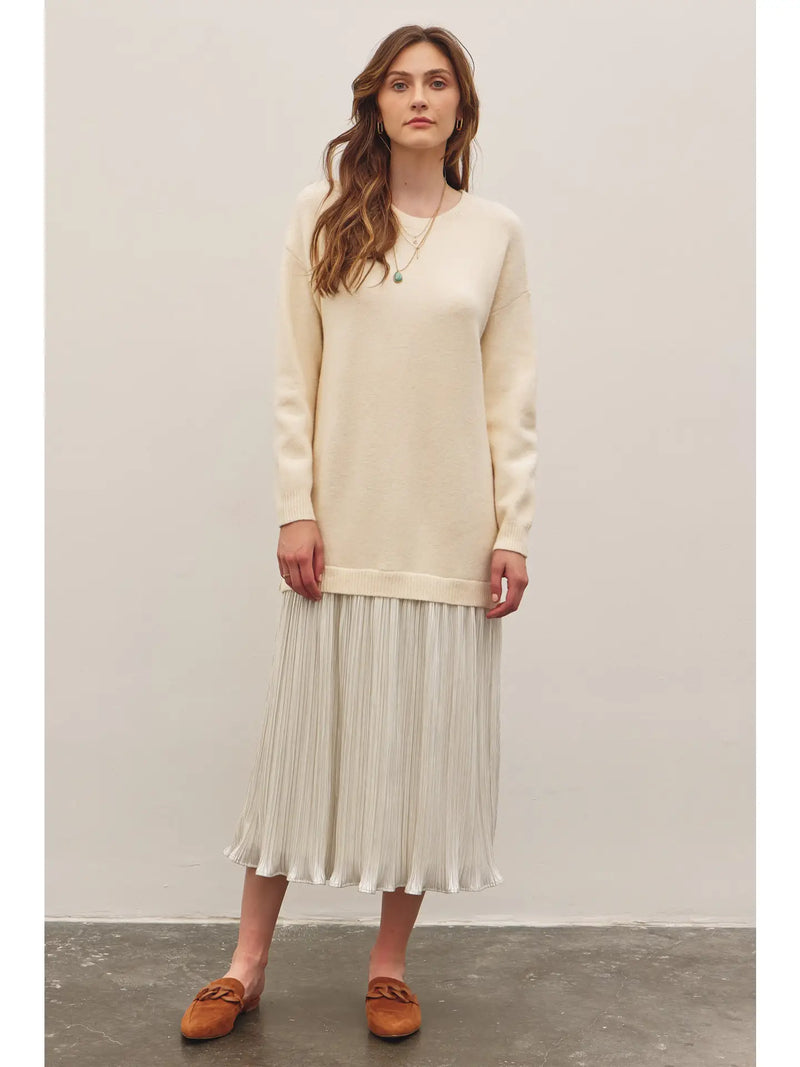 Metallic Pleated Skirt Twofer Sweater Midi Dress