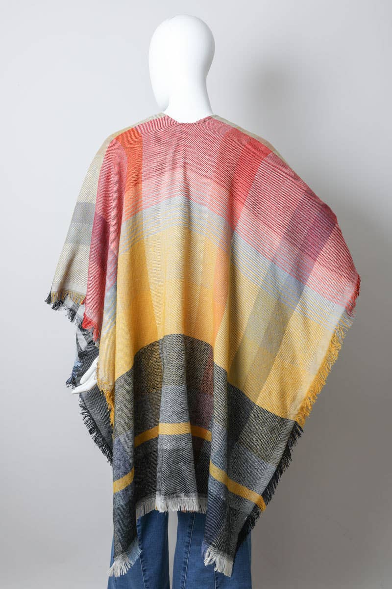 Light Multicolor Plaid Colorblock Poncho with Fringe Trim