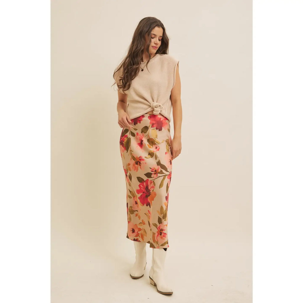 Satin Bias Cut Maxi Skirt in Taupe Floral