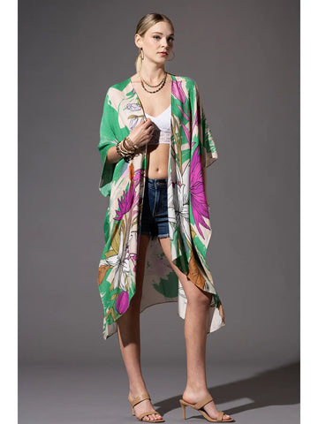 Two Tone Trim Abstract Print Silky Kimono