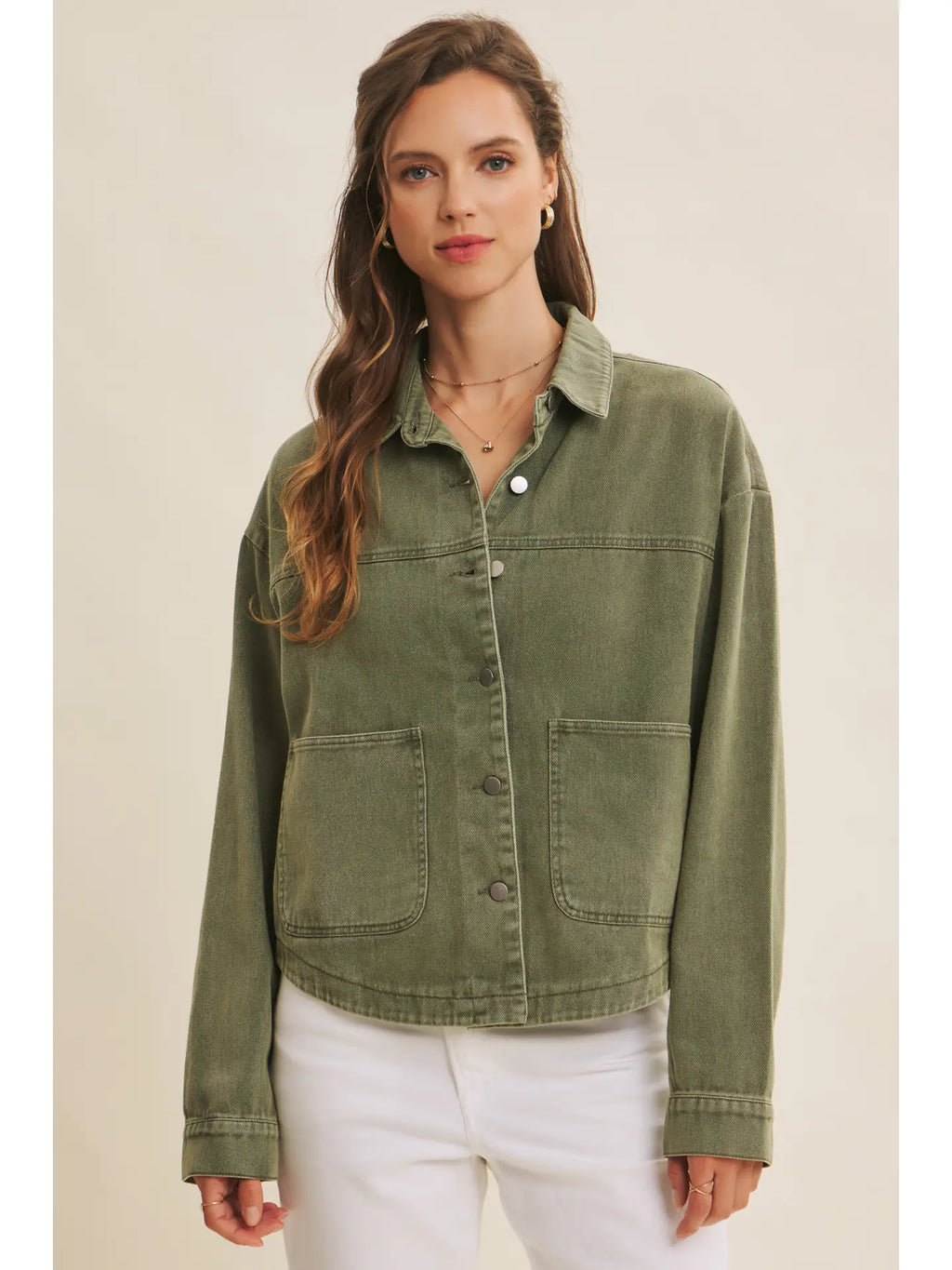 Washed Cotton Twill Oversized Jacket in Olive
