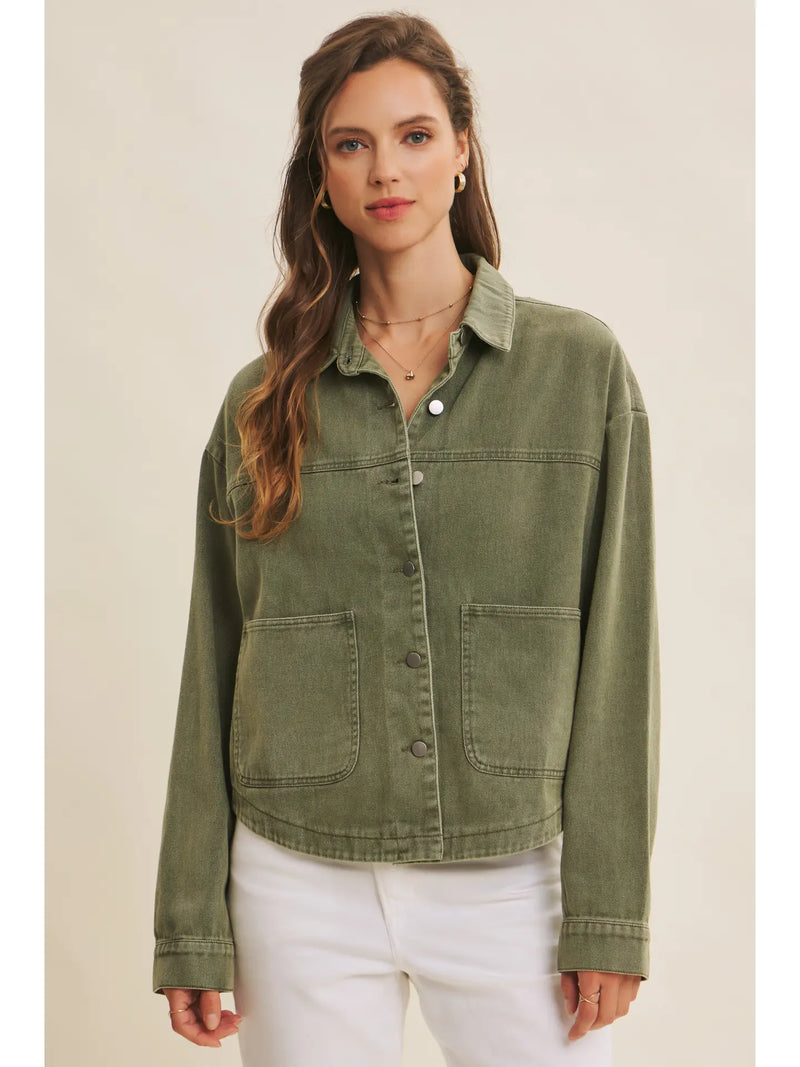 Washed Cotton Twill Oversized Jacket in Olive