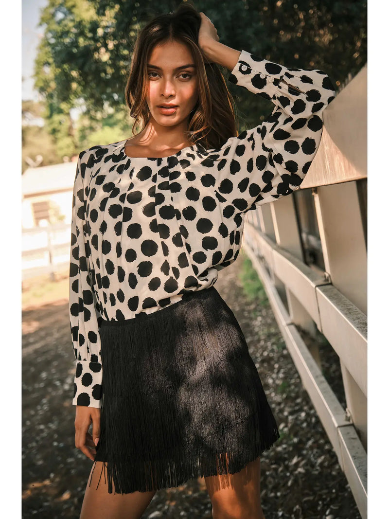 Tami Polka Dot Shirring Blouse in White/Black