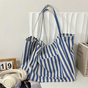 Organic Striped Double Pocket Tote Bag in Blue