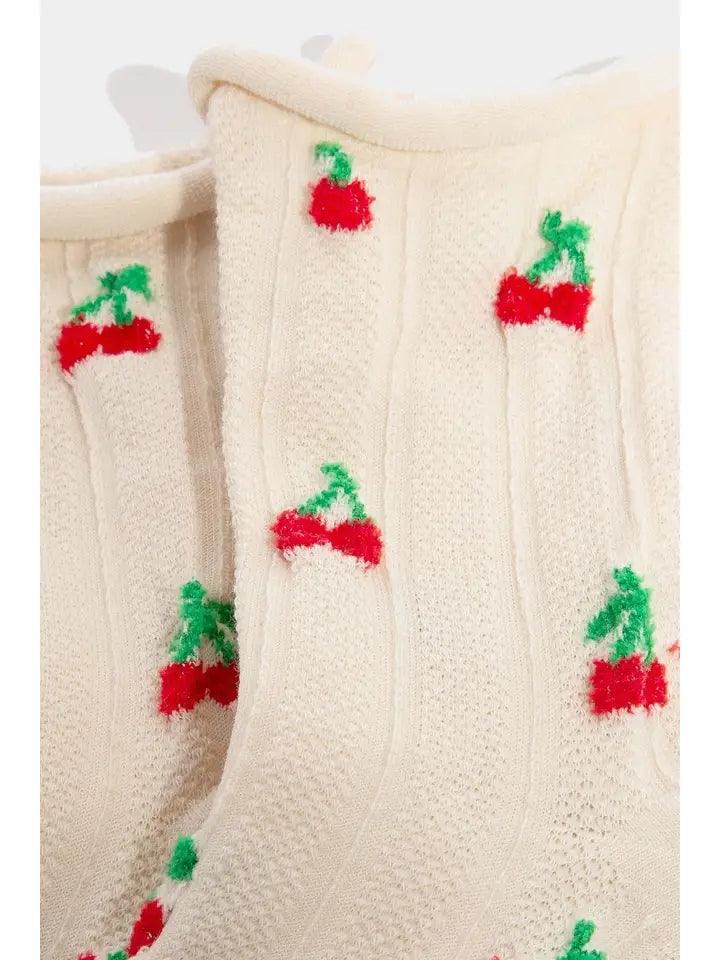 Cherry Embroidered Beige Socks
