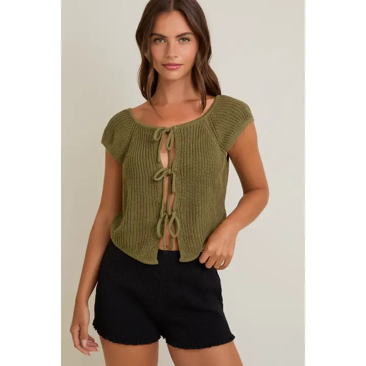 Front Tie Sleeveless Sweater Cardigan in  by Le Lis