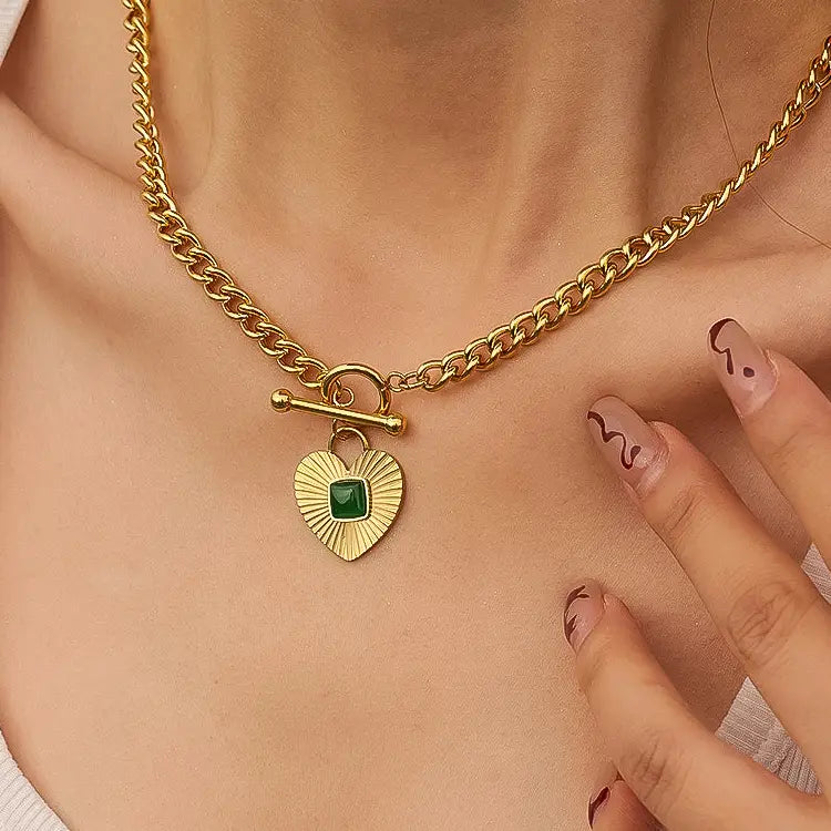 Apres 18K Gold Non-Tarnish Green Heart Chain Necklace