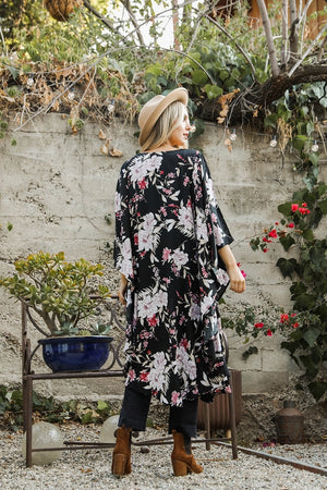 Flowing Floral Kimono With Butterfly Sleeves in Black