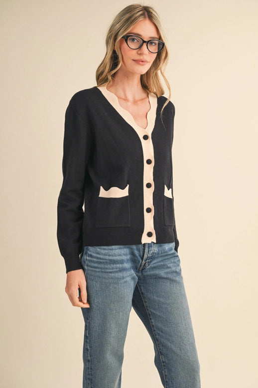 Esme Scalloped Sweater Cardigan in Black Almond