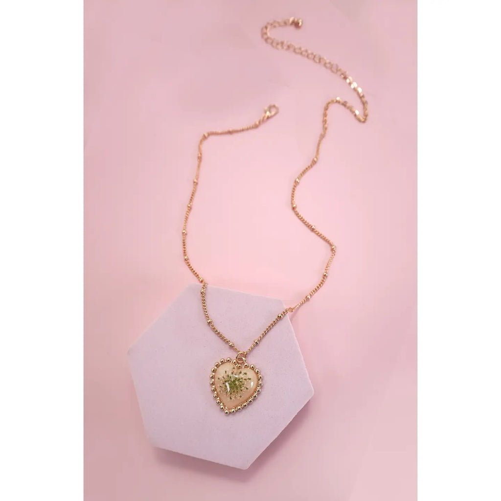 Pressed Flower Gold Heart Necklace