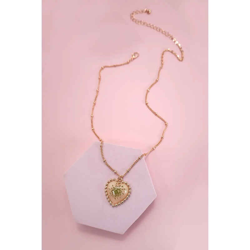 Pressed Flower Gold Heart Necklace