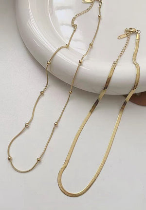 Layered Herringbone and Ball Snake Chain Double Necklace