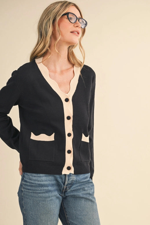 Esme Scalloped Sweater Cardigan in Black Almond