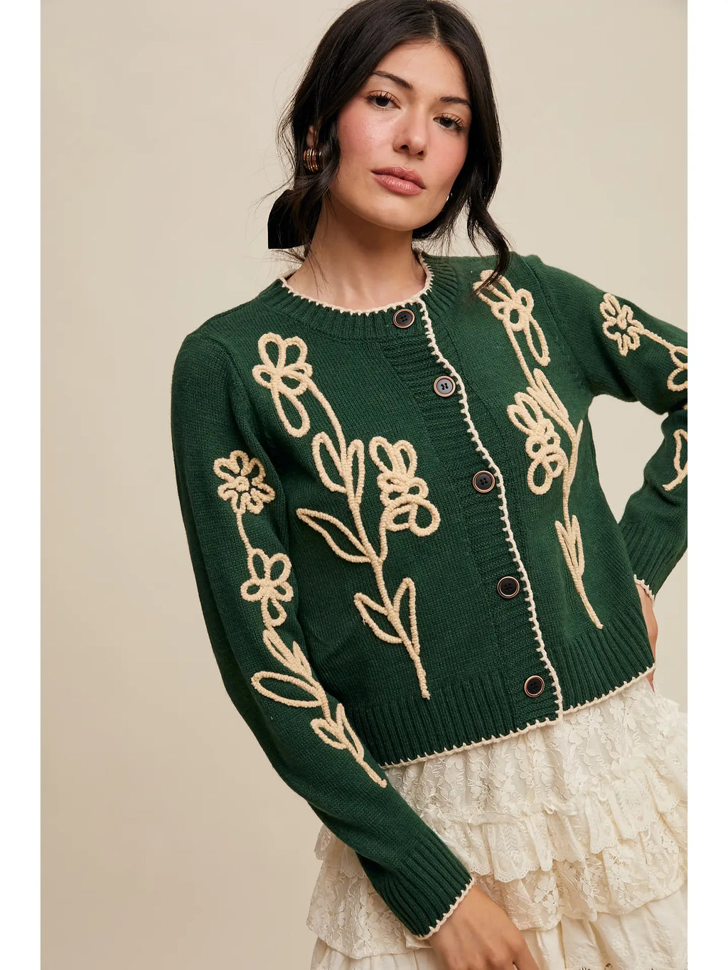 Embroidered Floral Knit Cardigan in Green