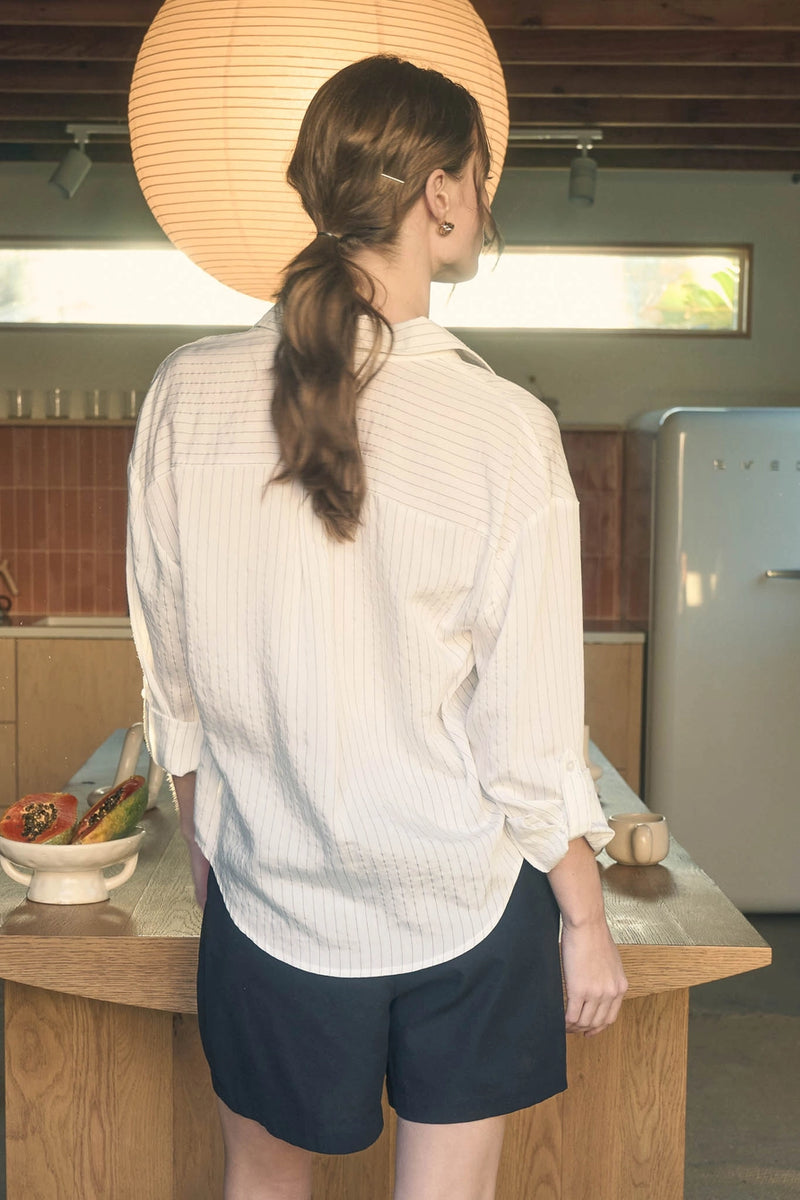 Val Pinstripe Collared Long Sleeve Button Down Shirt in Light Khaki or Off White
