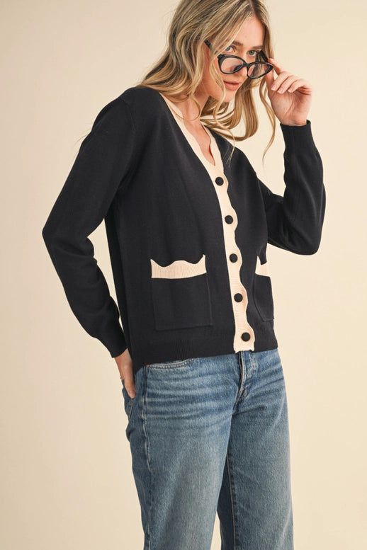 Esme Scalloped Sweater Cardigan in Black Almond