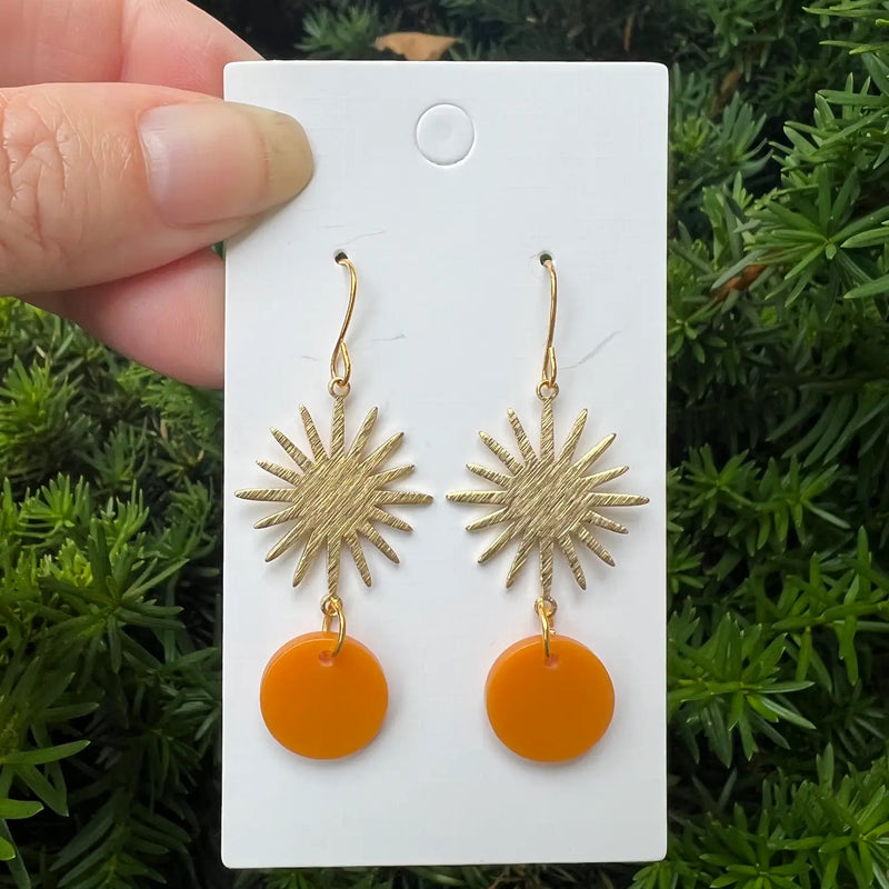 Saffron Yellow Sunburst Metal Acrylic Statement Earrings