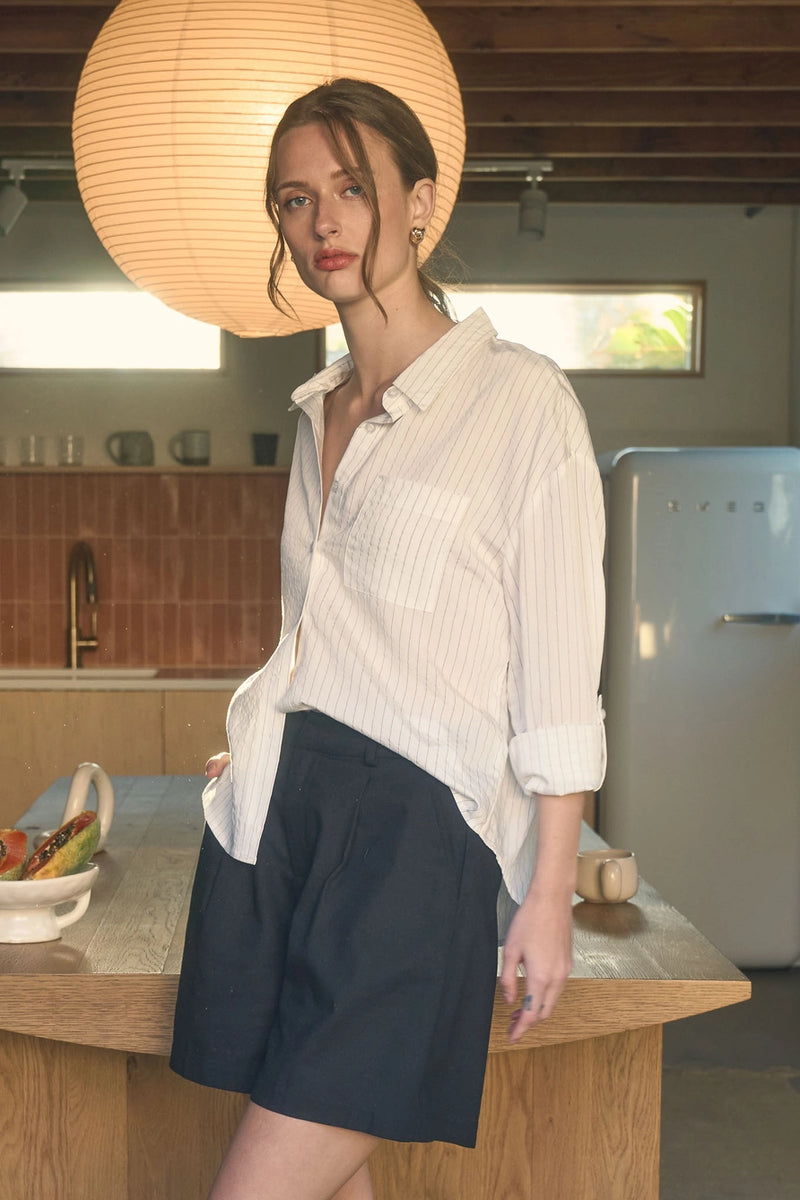 Val Pinstripe Collared Long Sleeve Button Down Shirt in Light Khaki or Off White