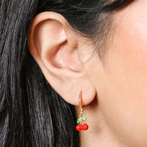 Red Cherry Enamel Charm Huggie Hoop Earrings in Gold