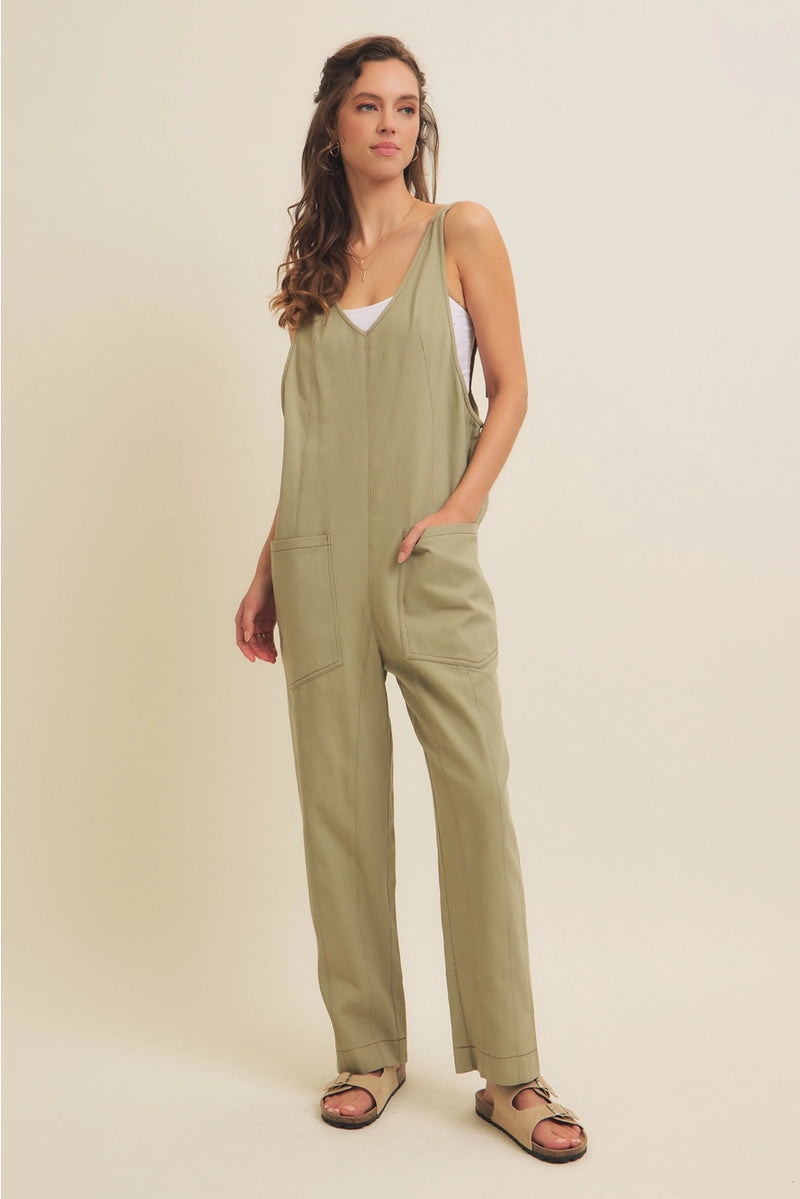 Relaxed Fit Cotton Twill Overalls With Pockets in Sage