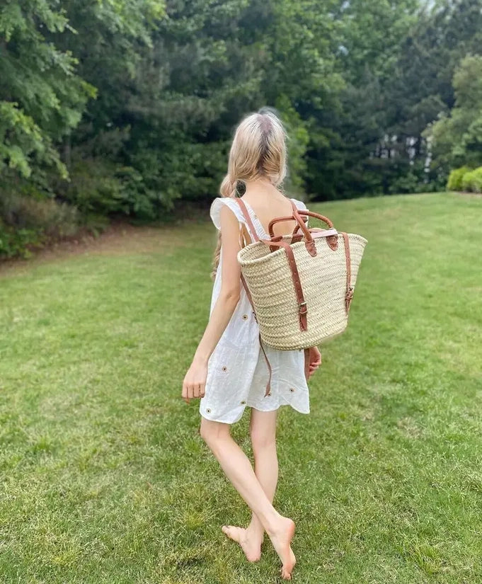 Handmade French Market Basket Backpack With Leather Straps