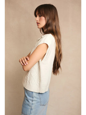 Mel Half Zipper Sleeveless Cable Knit Sweater by Le Lis
