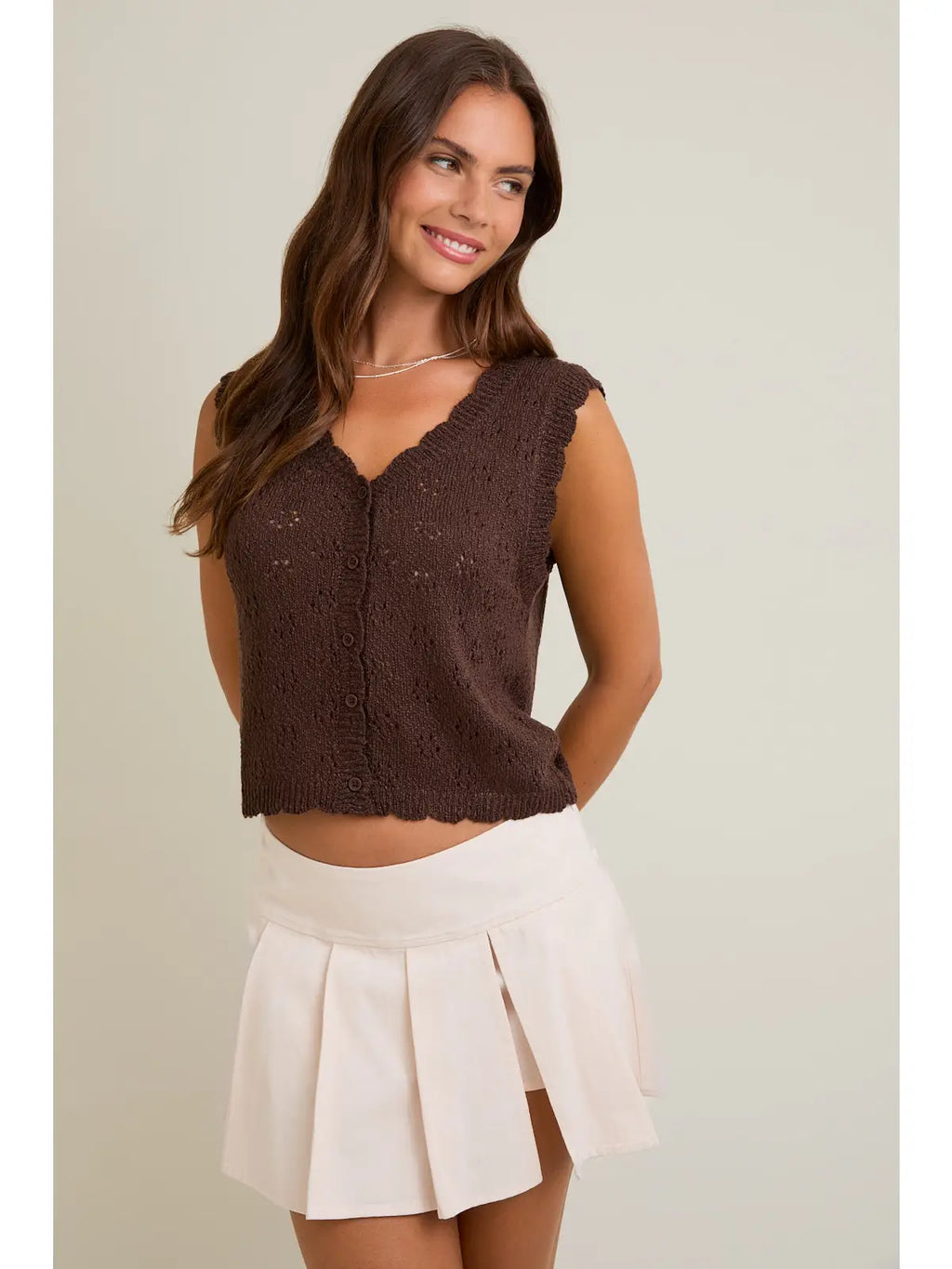 Salli Scallop Edge Button Down Sweater Vest in Dark Brown by Le Lis