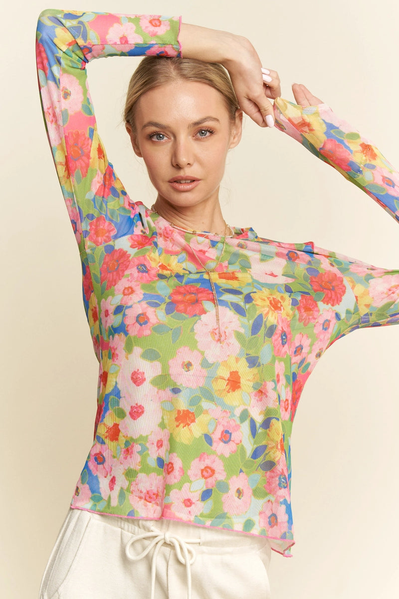 Sunny Pink Floral Print Mesh Top in Plus Sizes