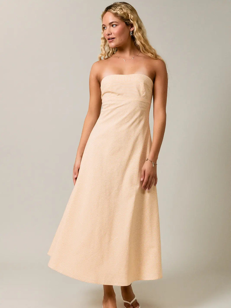 Fit and Flare Strapless Cotton Midi Dress in White and Yellow Stripe by Le Lis Small