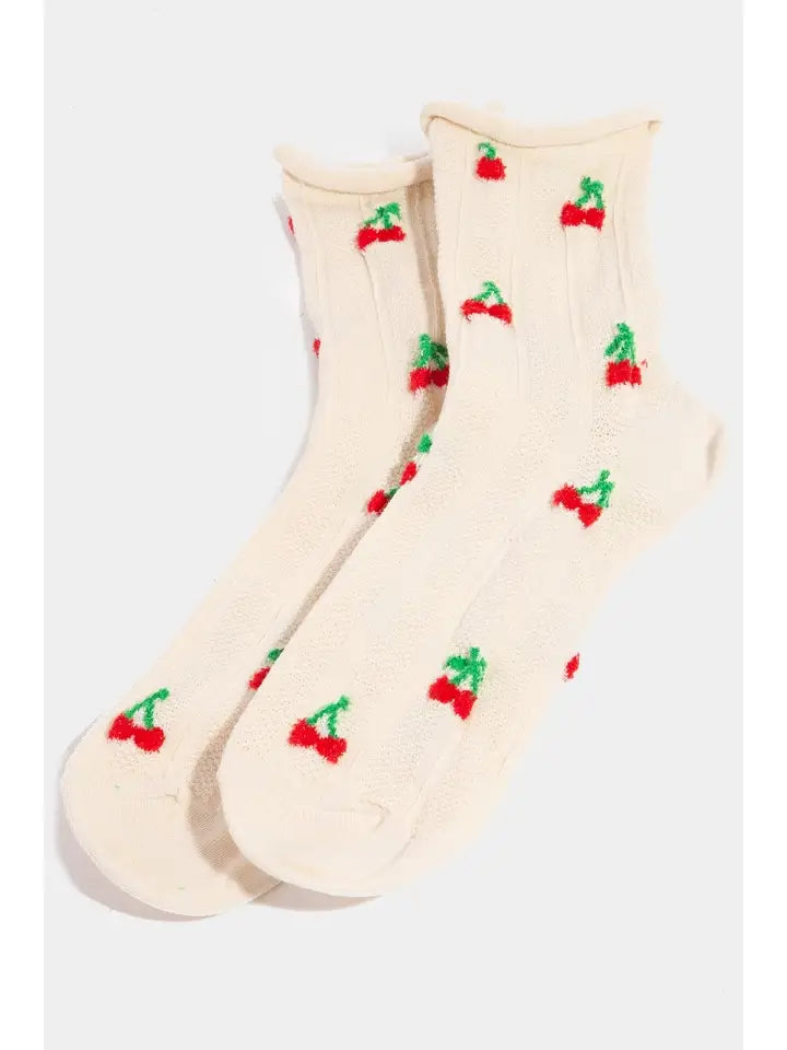 Cherry Embroidered Beige Socks
