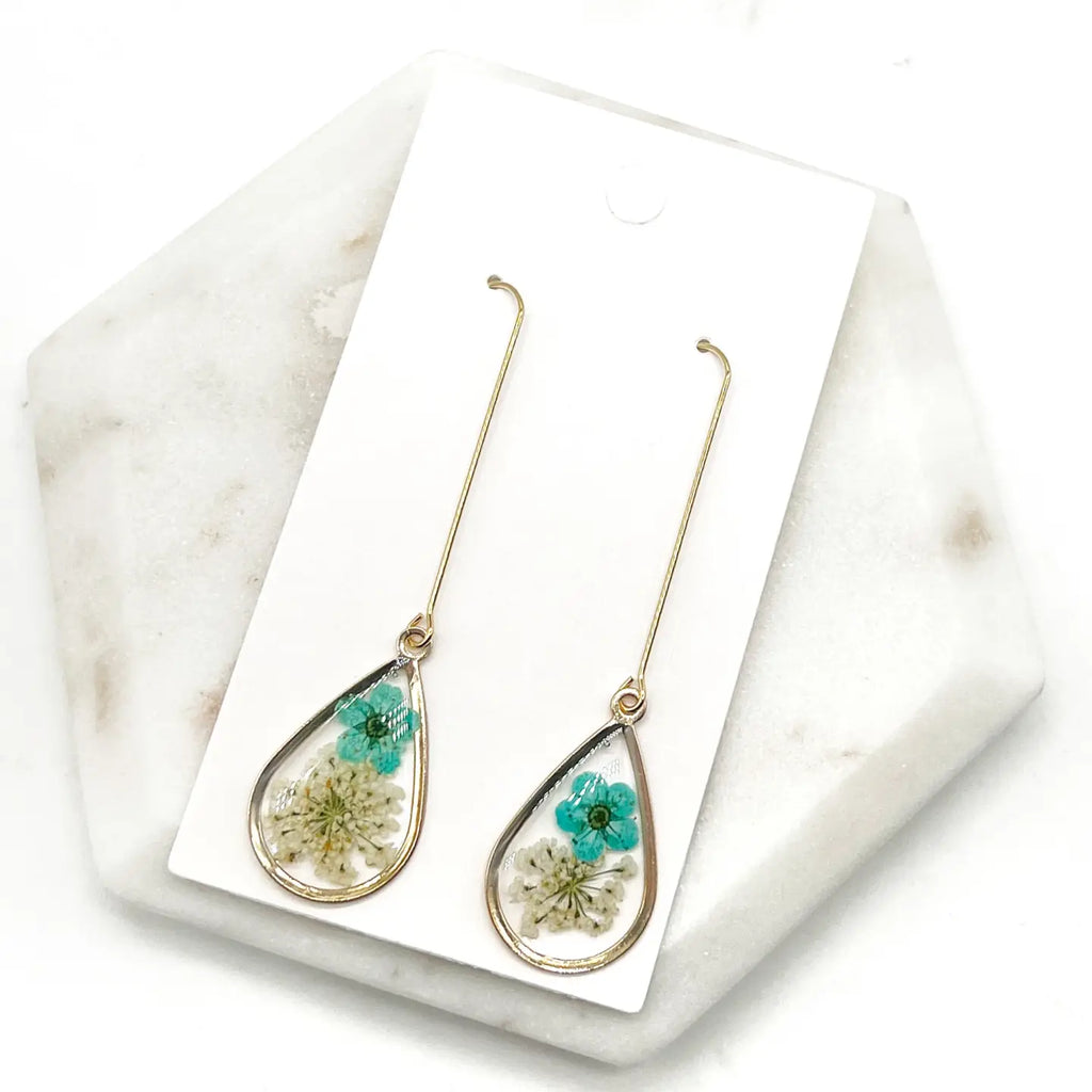 Blue Cream Pressed Flower Teardrop Resin Dangle Earrings