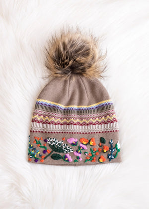 Luxe Tan Embroidered Cuff Pom Hat