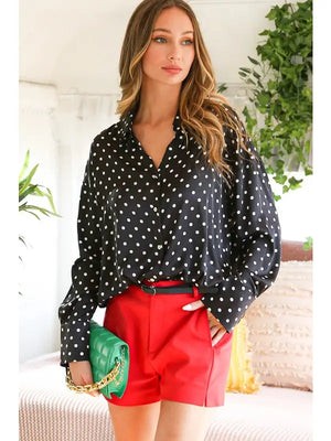 Faith Polka Dot Satin Button Up Blouse in Black