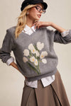 Floral Intarsia V-Neck Sweater in Heather Grey