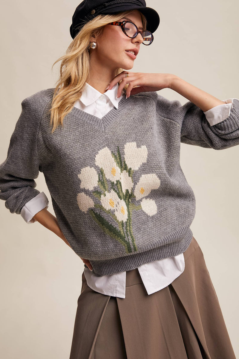 Floral Intarsia V-Neck Sweater in Heather Grey
