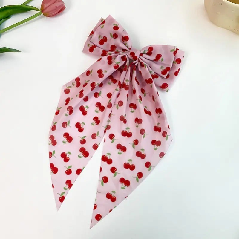 Cherry On Pink Bow Ribbon Hair Clip