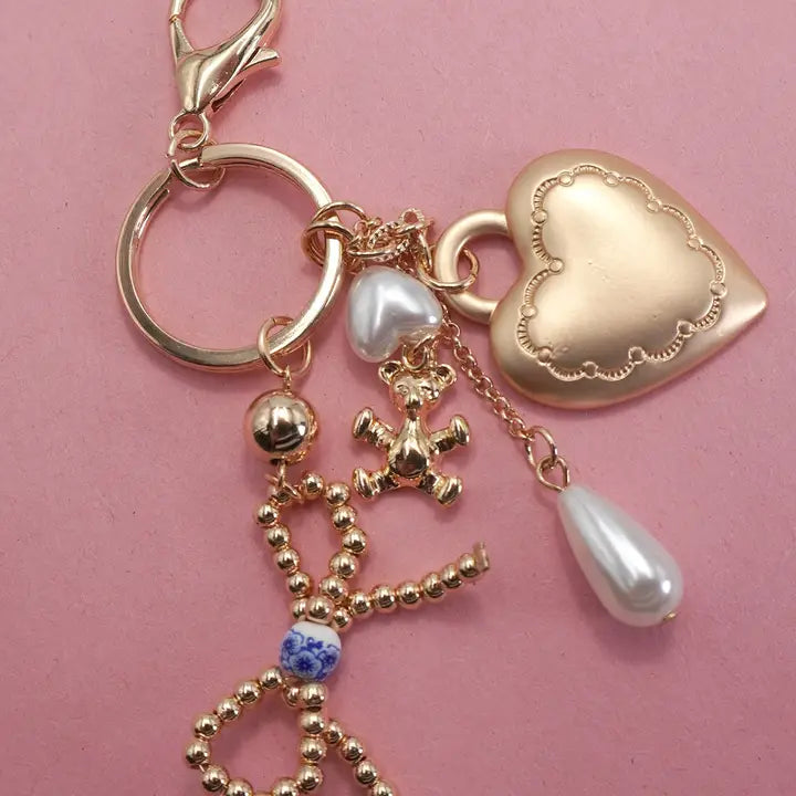 Porcelain Bow Heart & Teddy Bear Pearl Bag Charm