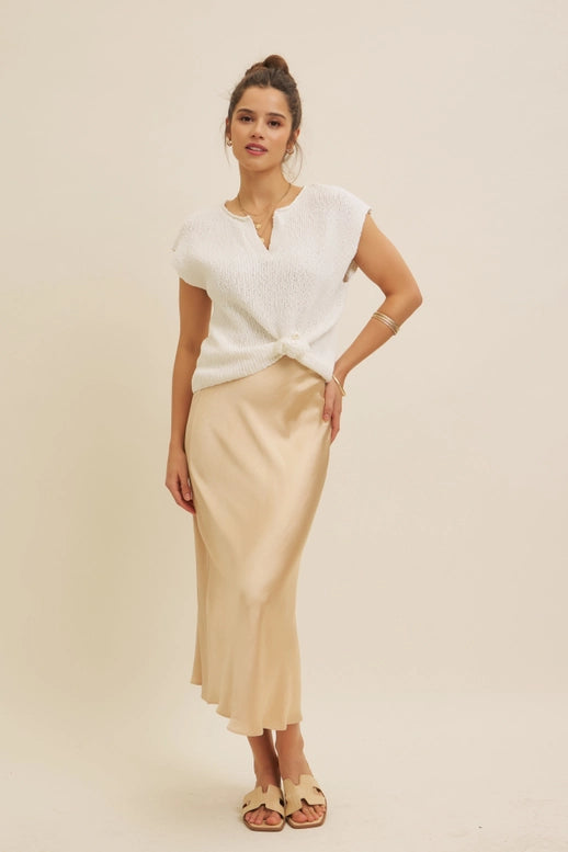 Satin Bias Cut Maxi Skirt in Birch Beige